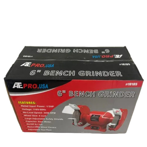 Box of a bench grinder with red and gray design on a white background