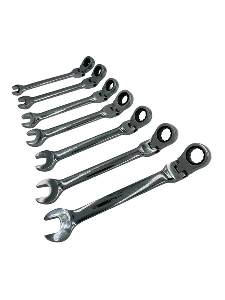 Set of six metallic wrenches on a gray background