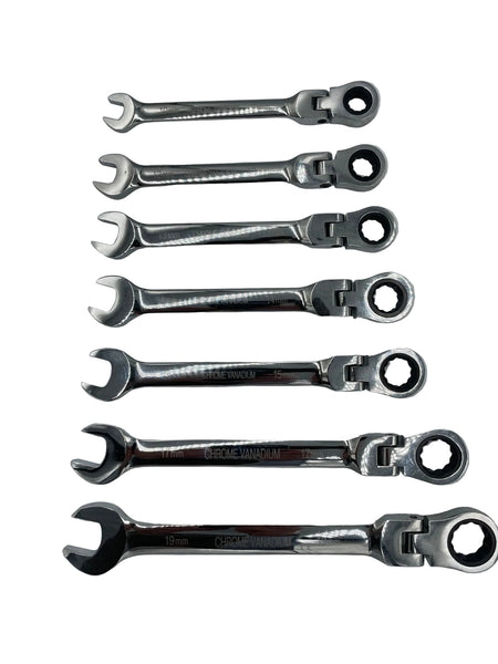 Set of six silver ratcheting wrenches on a gray background