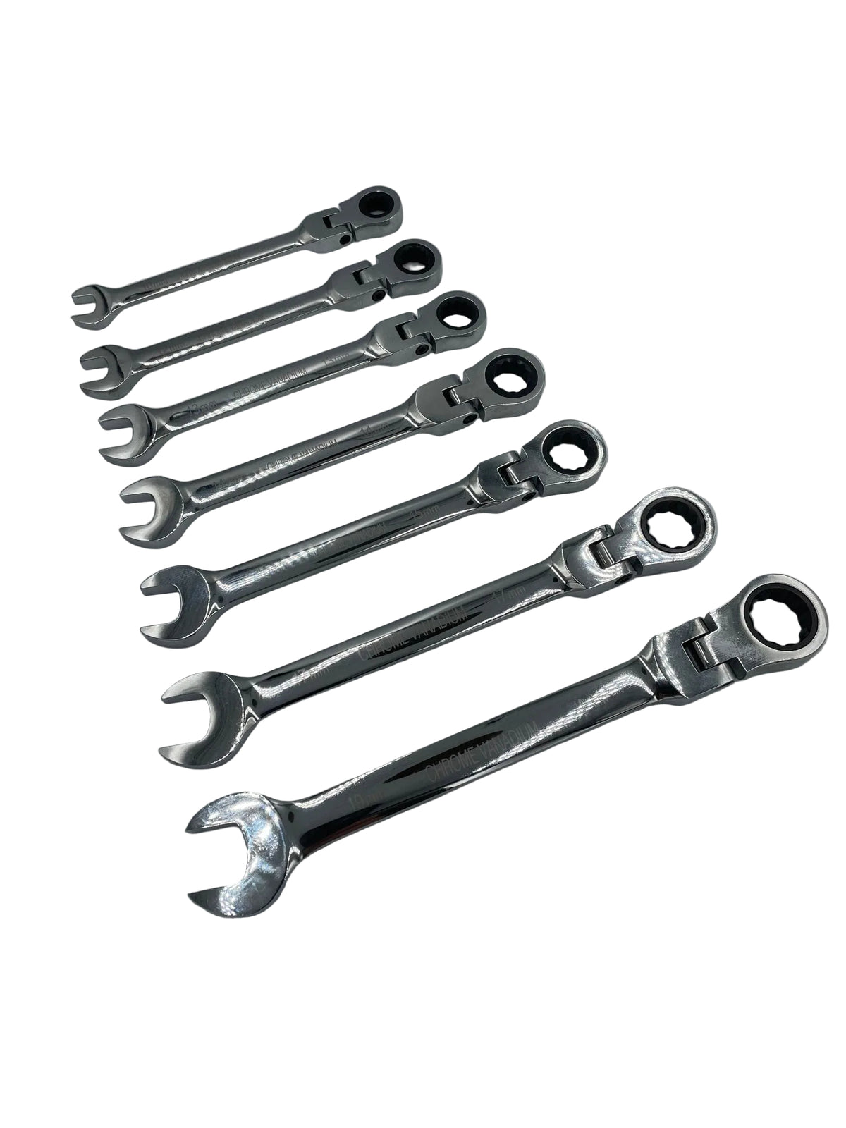 Set of six ratcheting wrenches on a gray background