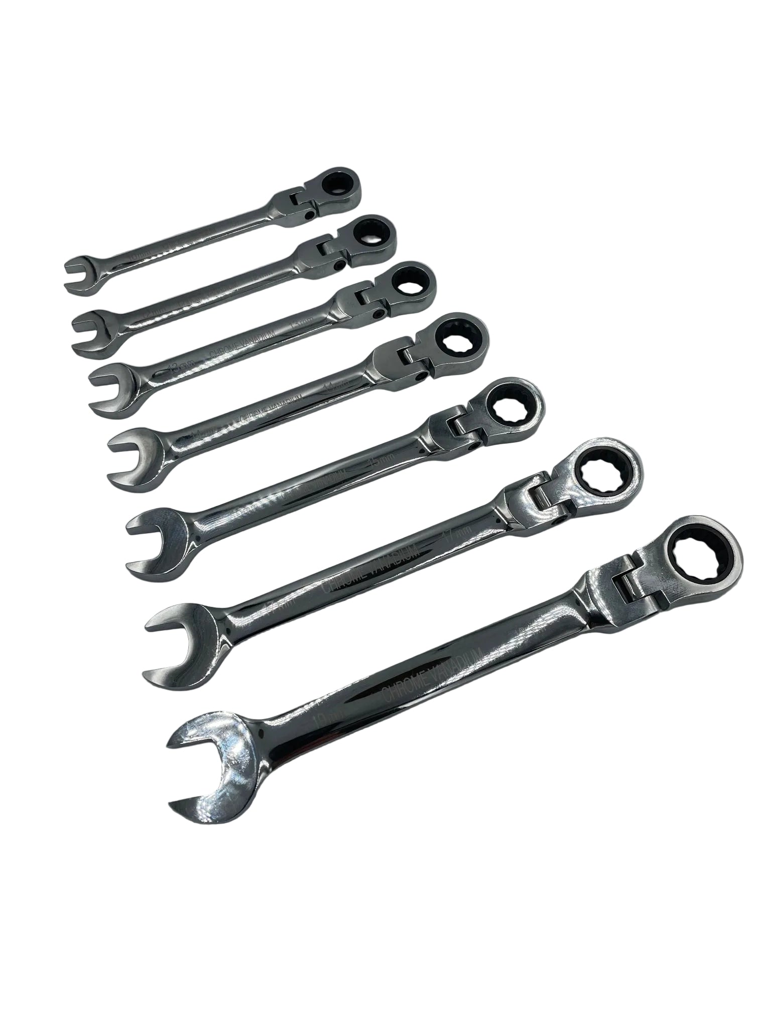 Set of six ratcheting wrenches on a gray background
