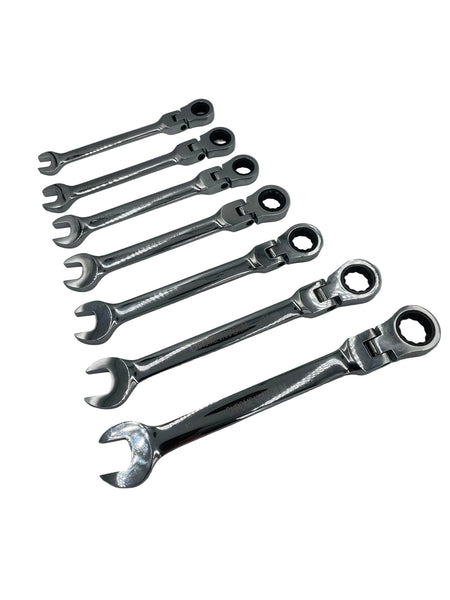 Set of six ratcheting wrenches on a gray background
