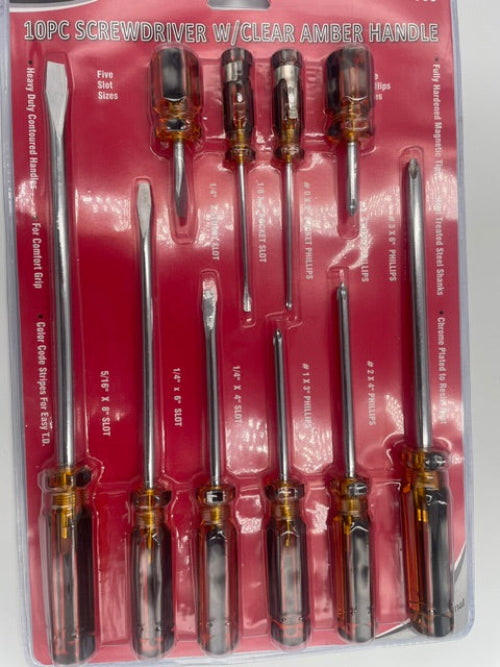 Set of screwdrivers on a clear plastic tray with red background