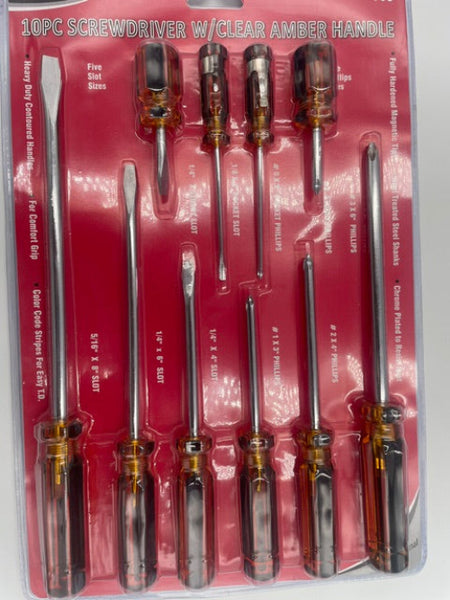 Set of screwdrivers on a clear plastic tray with red background