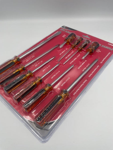 Set of screwdrivers in a clear plastic packaging on a white background