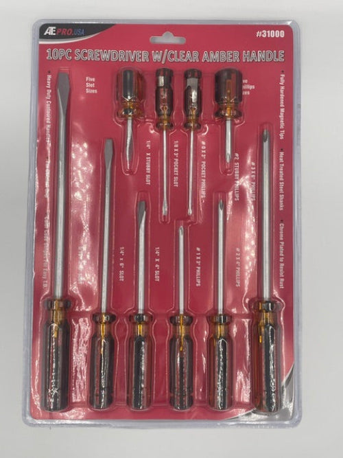Set of screwdrivers in a clear plastic packaging on a white background