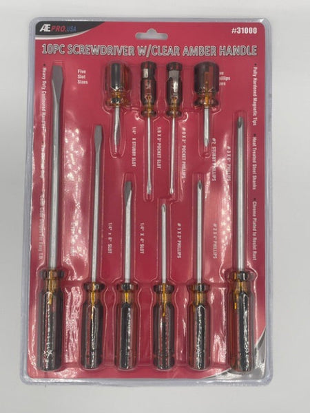 Set of screwdrivers in a clear plastic packaging on a white background