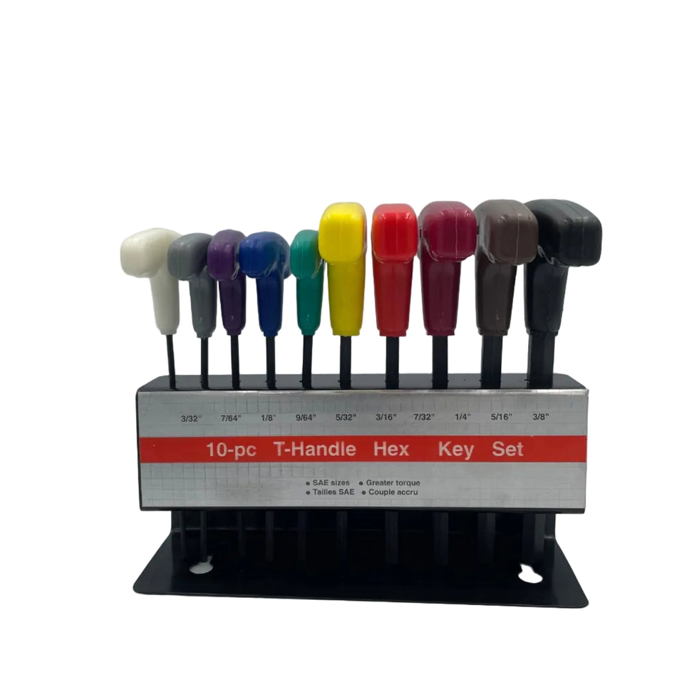 Set of colored hex keys in a holder on a white background