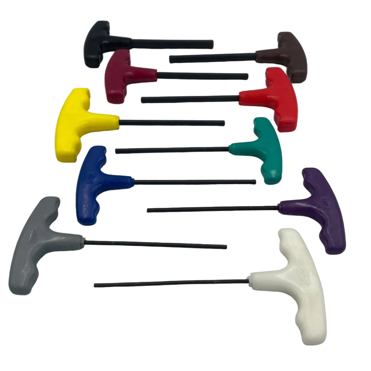 Colorful set of miniature golf clubs on a white background