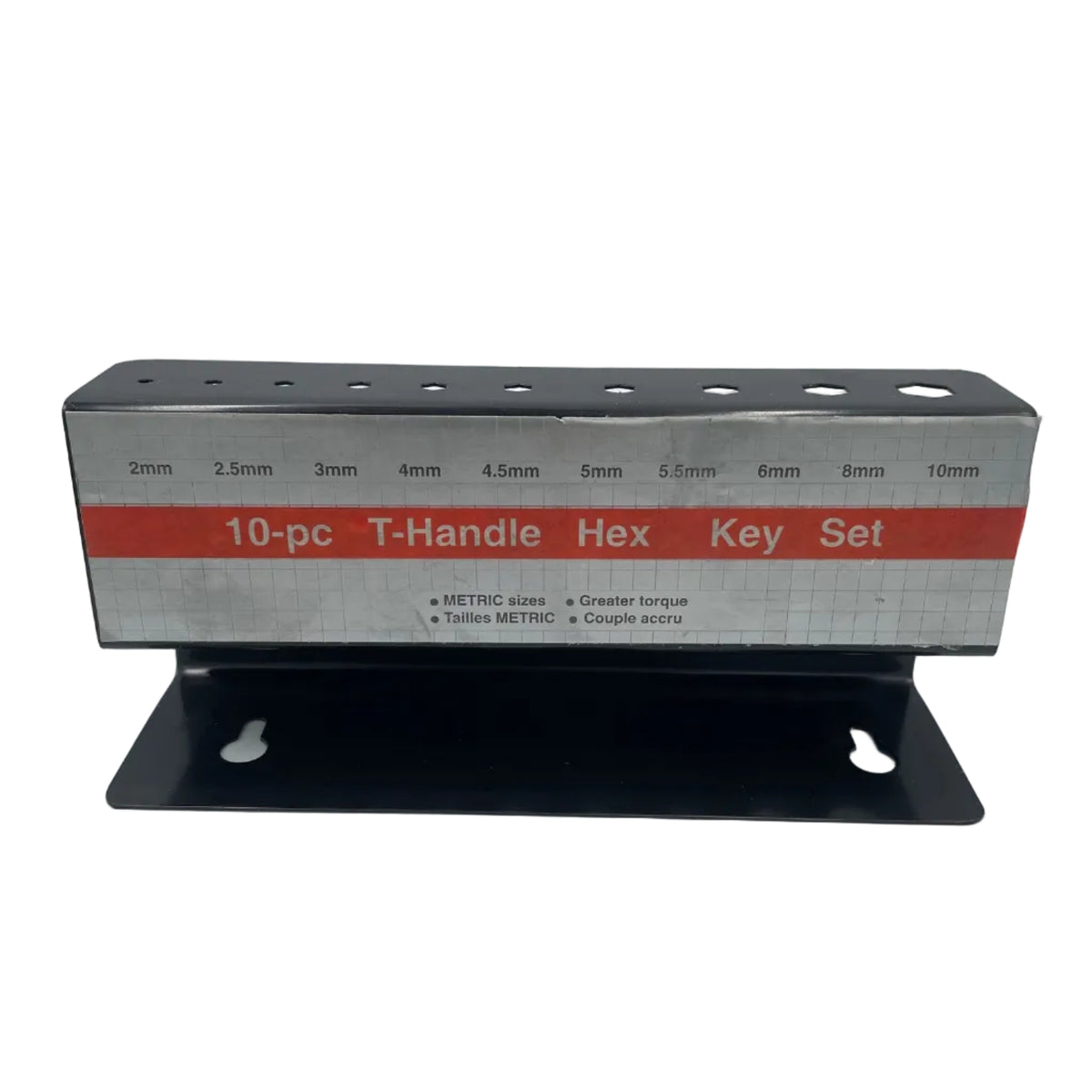 Metal tool with packaging labeled '10pc T-Handle Hex Key Set' on a gray background