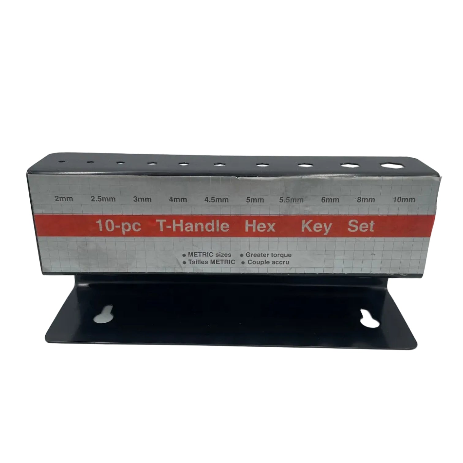 Metal tool with packaging labeled '10pc T-Handle Hex Key Set' on a gray background