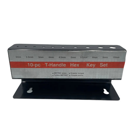 Metal tool with packaging labeled '10pc T-Handle Hex Key Set' on a gray background