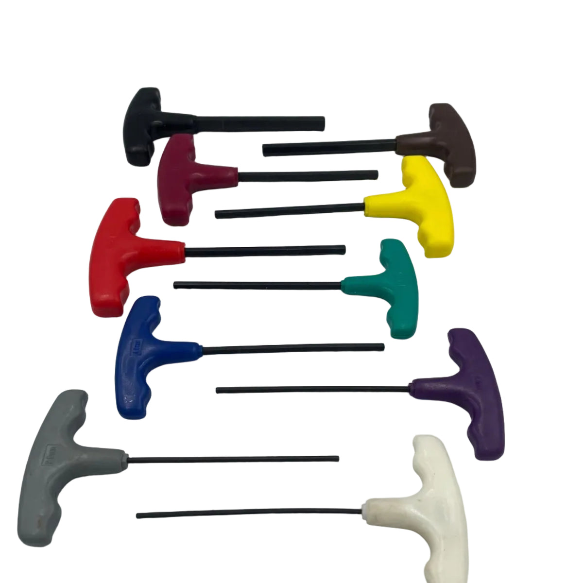 Set of colorful mini golf putters on a white background