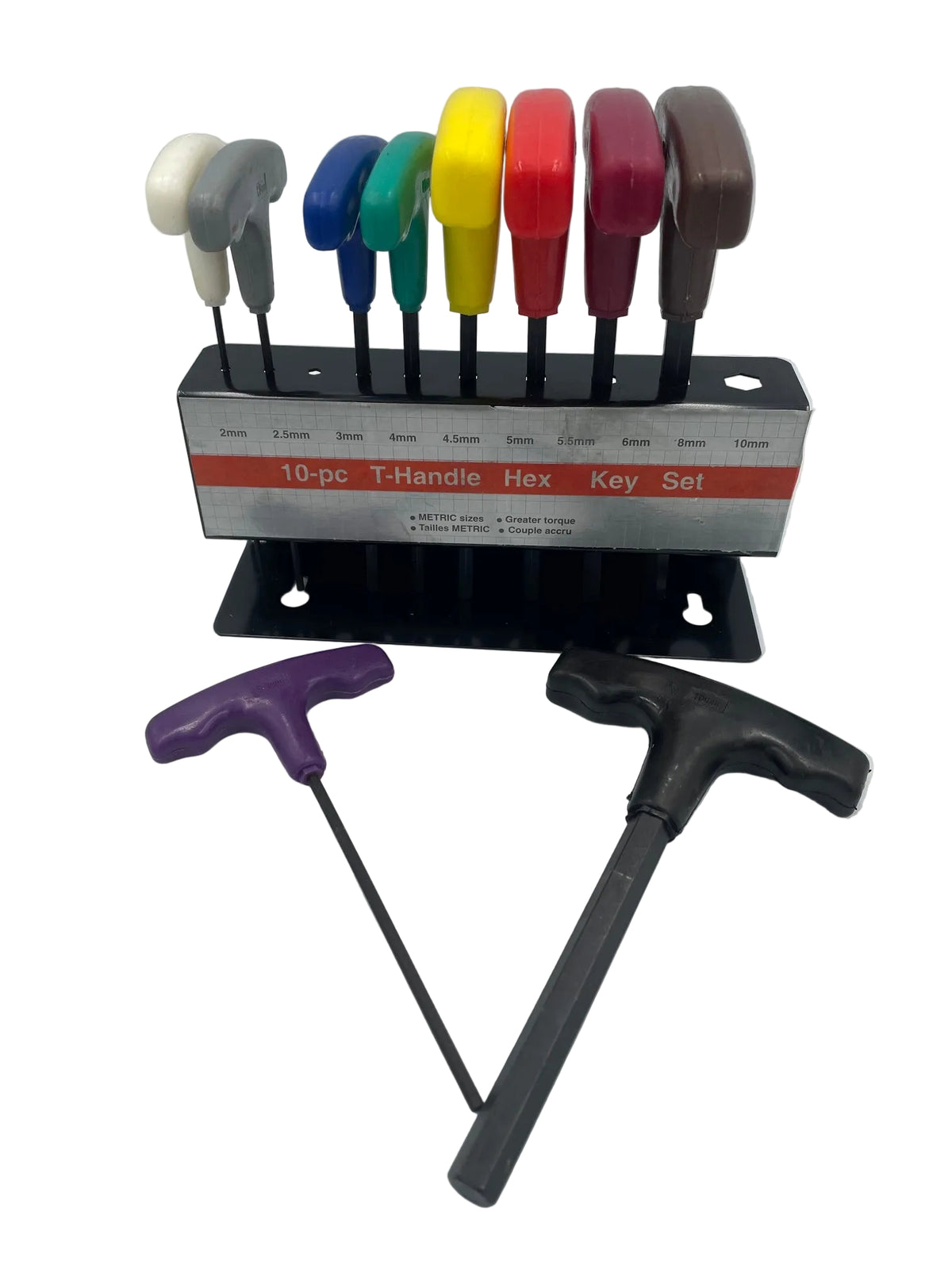 Set of colorful hex keys on a holder against a white background