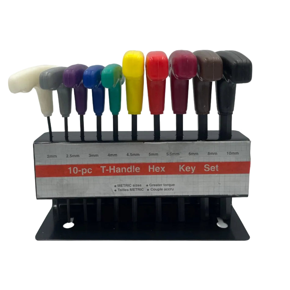 Set of 10 hex keys with colored handles in a holder on a white background