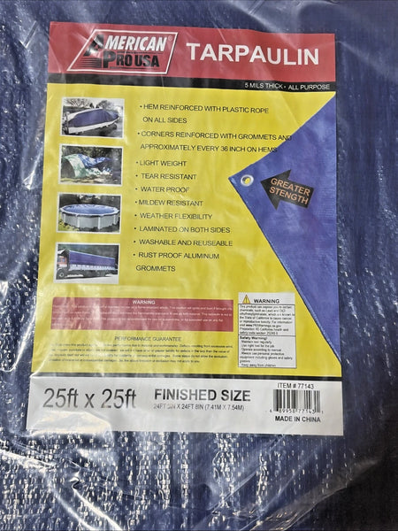American Pro USA Tarpaulin 25ft x 25ft aluminum garden hose cover, sealed in its original retail packaging with a clear plastic wrap.