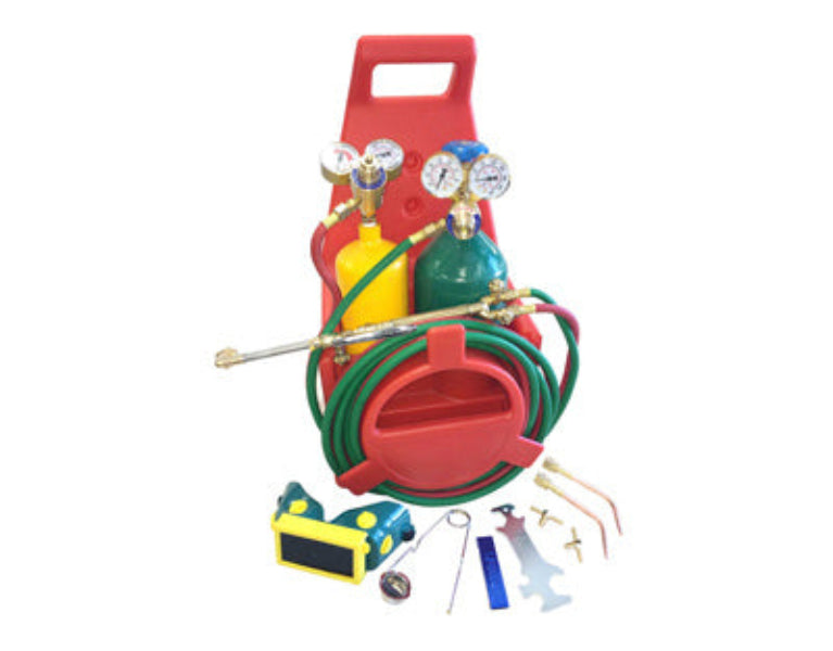 Portable welding or cutting kit with hoses and attachments on a white background