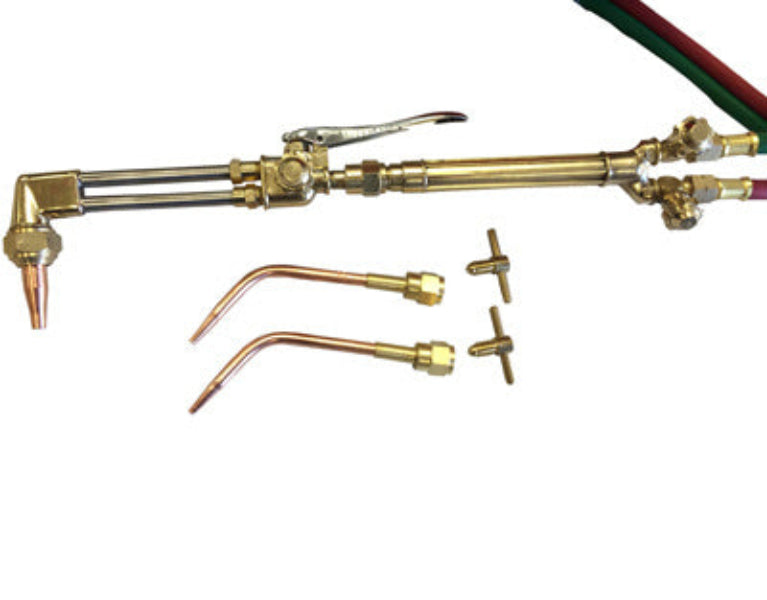 Brass welding torch and attachments on a white background