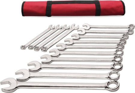 A 12-piece set of double-ended wrenches in various sizes, arranged in a fan shape on a white background, with a red and black rolled tool carrying case at the top.