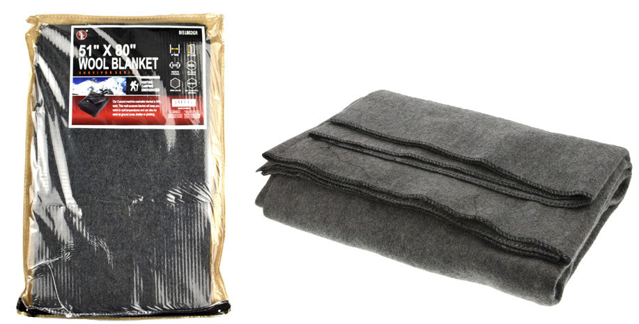 A dark gray wool blanket shown folded on the right and in its clear plastic packaging with a black label on the left, against a plain white background.