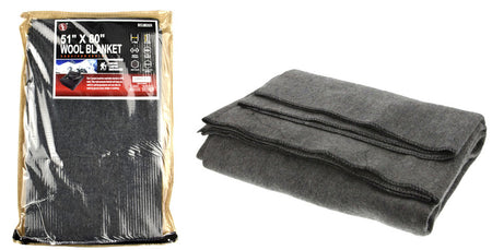 A dark gray wool blanket shown folded on the right and in its clear plastic packaging with a black label on the left, against a plain white background.