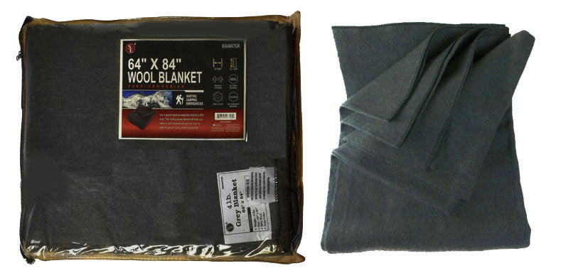 A dark gray wool blanket shown both folded and packaged with a size label reading 64 x 84 inch wool blanket.