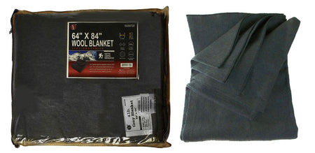 A dark gray wool blanket shown both folded and packaged with a size label reading 64 x 84 inch wool blanket.