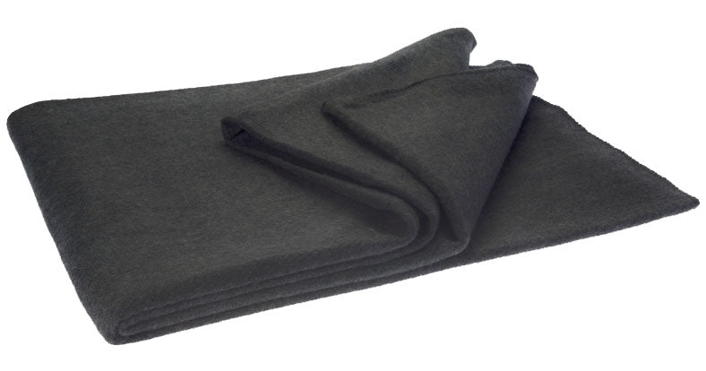 A folded dark gray fabric blanket or throw with a soft, textured surface, shown on a plain white background.