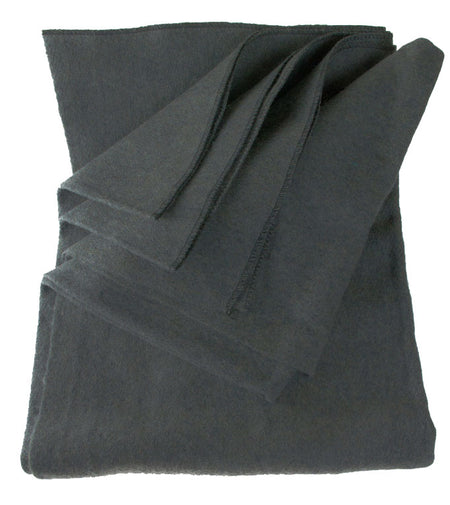 A folded dark gray fabric blanket or throw with a soft, textured surface, shown against a plain white background.