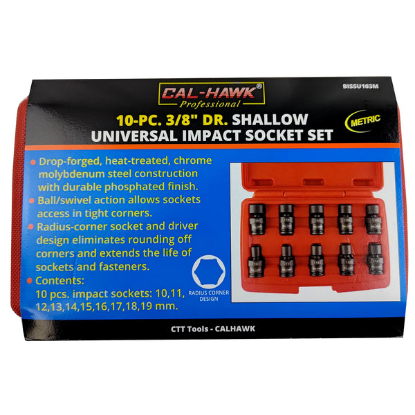 10 pc Metric 3/8 Inch Drive Universal Impact Wobble Shallow Socket Set