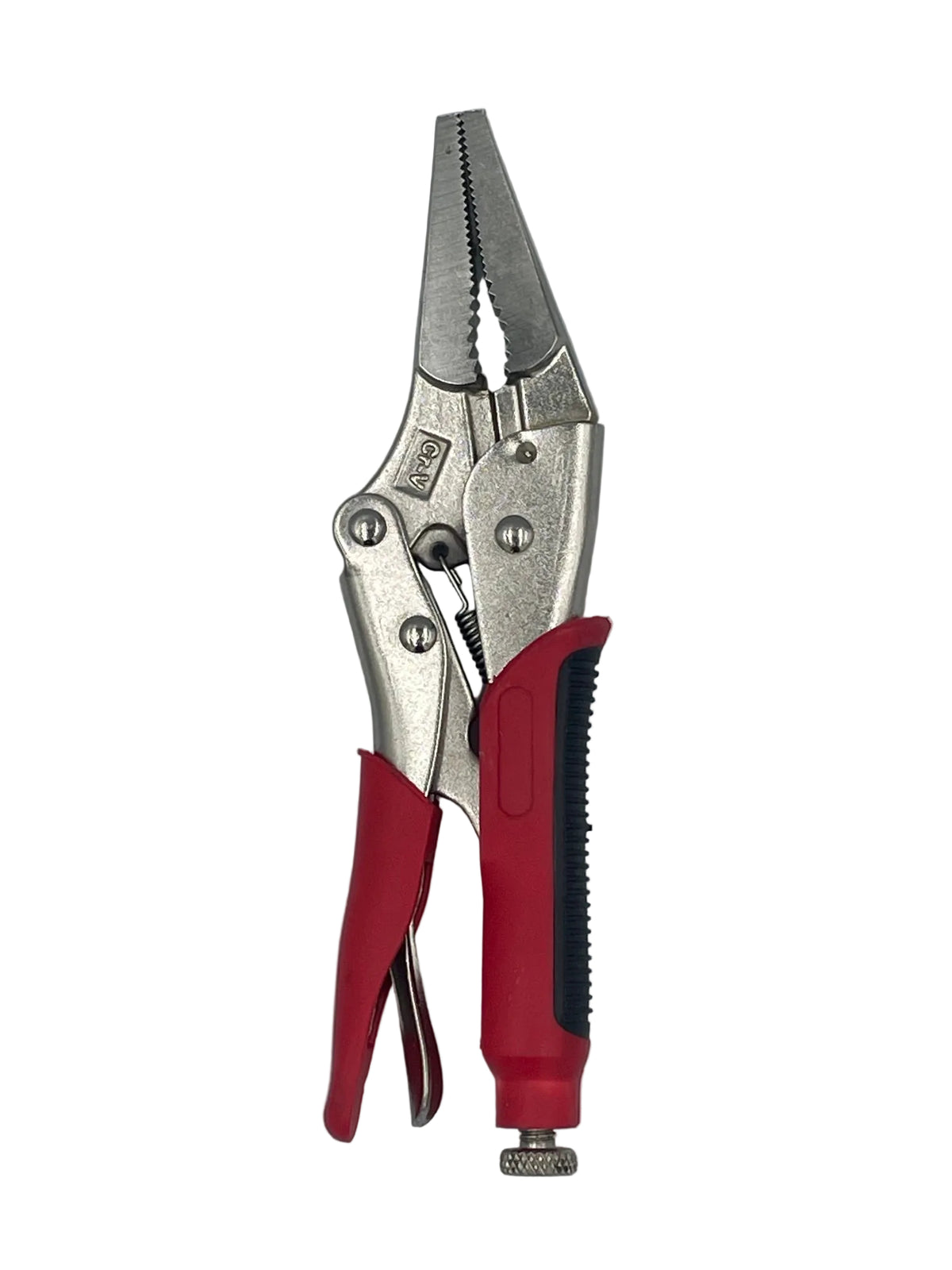 Red and silver locking pliers with a textured black grip, shown on a light gray background.