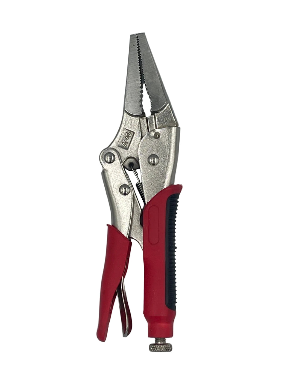 Red and silver locking pliers with a textured black grip, shown on a light gray background.