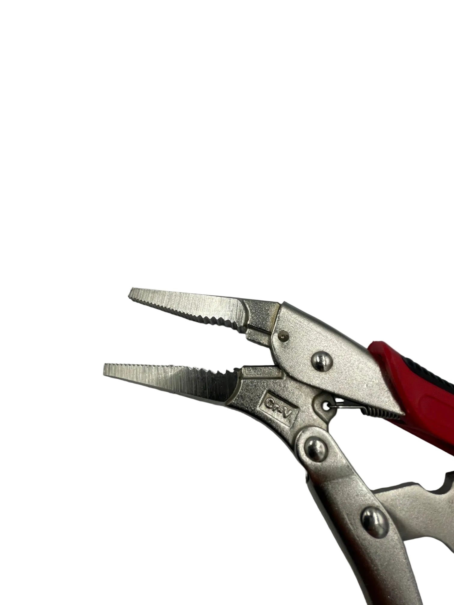 A pair of metal needle-nose pliers with serrated jaws and red-and-black handles, photographed on a plain light gray background.
