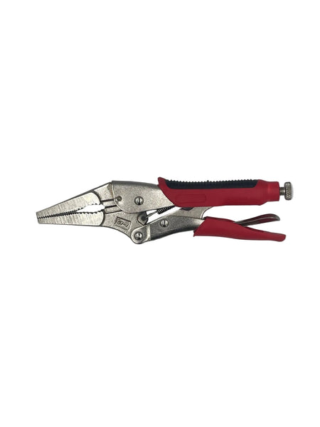 Red and silver locking pliers with red handles, shown on a plain light gray background.