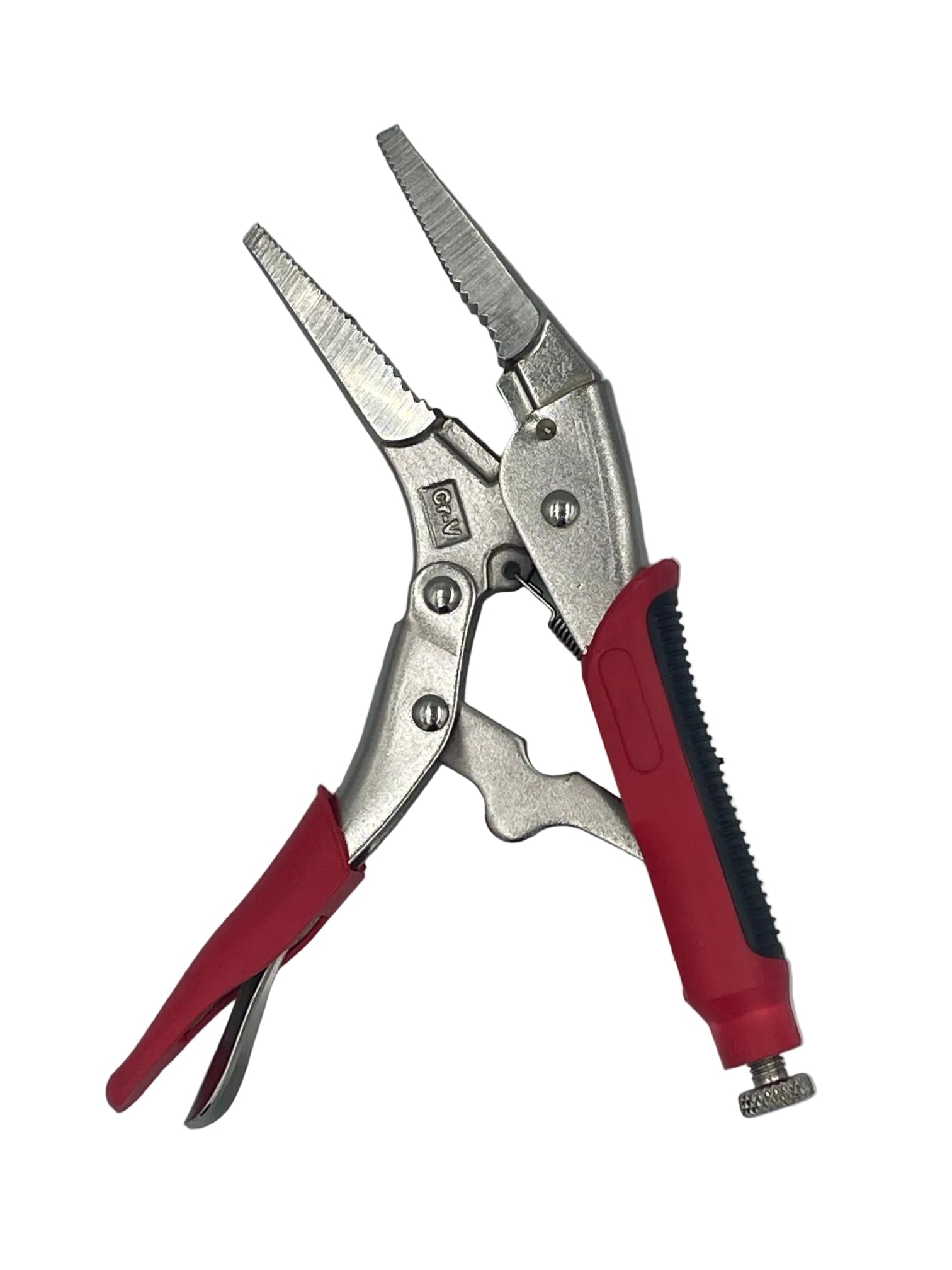 Red and silver locking pliers with serrated jaws, shown on a plain light gray background.