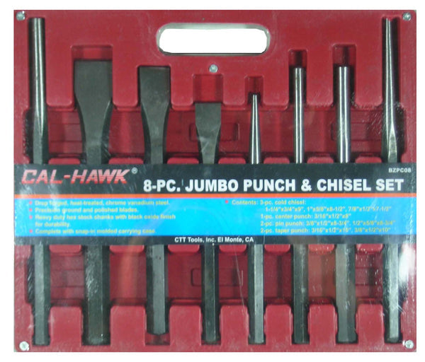 An 8-piece jumbo punch and chisel set in a red plastic case with a clear front cover. The set includes various steel punches and chisels with black and silver handles, arranged in molded slots.