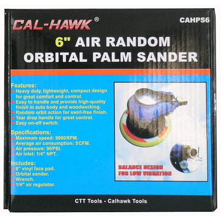 Cal-Hawk 6" Air Random Orbital Palm Sander packaging with features and specifications listed.