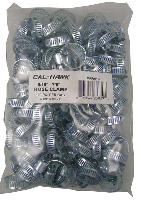 A clear plastic bag filled with silver metal hose clamps, with a white label reading CAL-HAWK 5/16" - 7/8" HOSE CLAMP, 100-PC, PER BAG, MADE IN CHINA.
