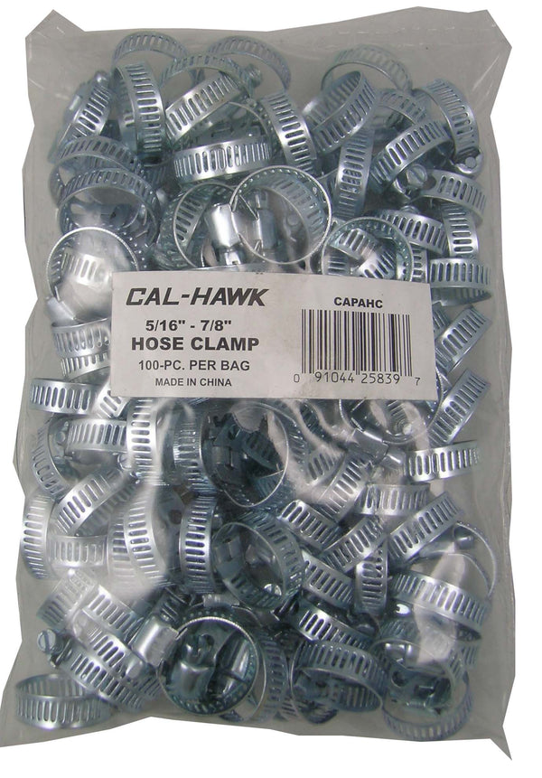 A clear plastic bag filled with silver metal hose clamps, with a white label reading CAL-HAWK 5/16" - 7/8" HOSE CLAMP, 100-PC, PER BAG, MADE IN CHINA.