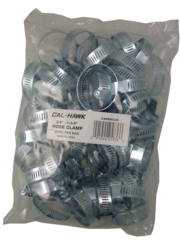 A clear plastic bag filled with multiple silver metal hose clamps, with a white label reading CAL-HAWK 3/4" - 1-3/4" HOSE CLAMP, 50-PC PER BAG.