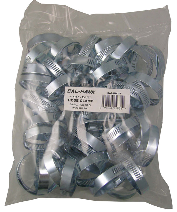 A clear plastic bag filled with multiple silver metal hose clamps, with a white label reading CAL-HAWK and hose clamp details, on a white background.