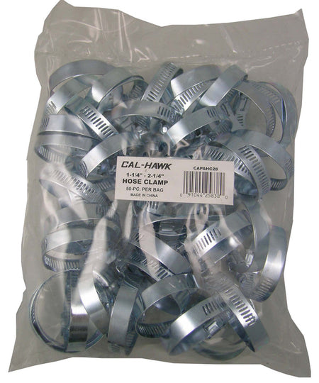 A clear plastic bag filled with multiple silver metal hose clamps, with a white label reading CAL-HAWK and hose clamp details, on a white background.