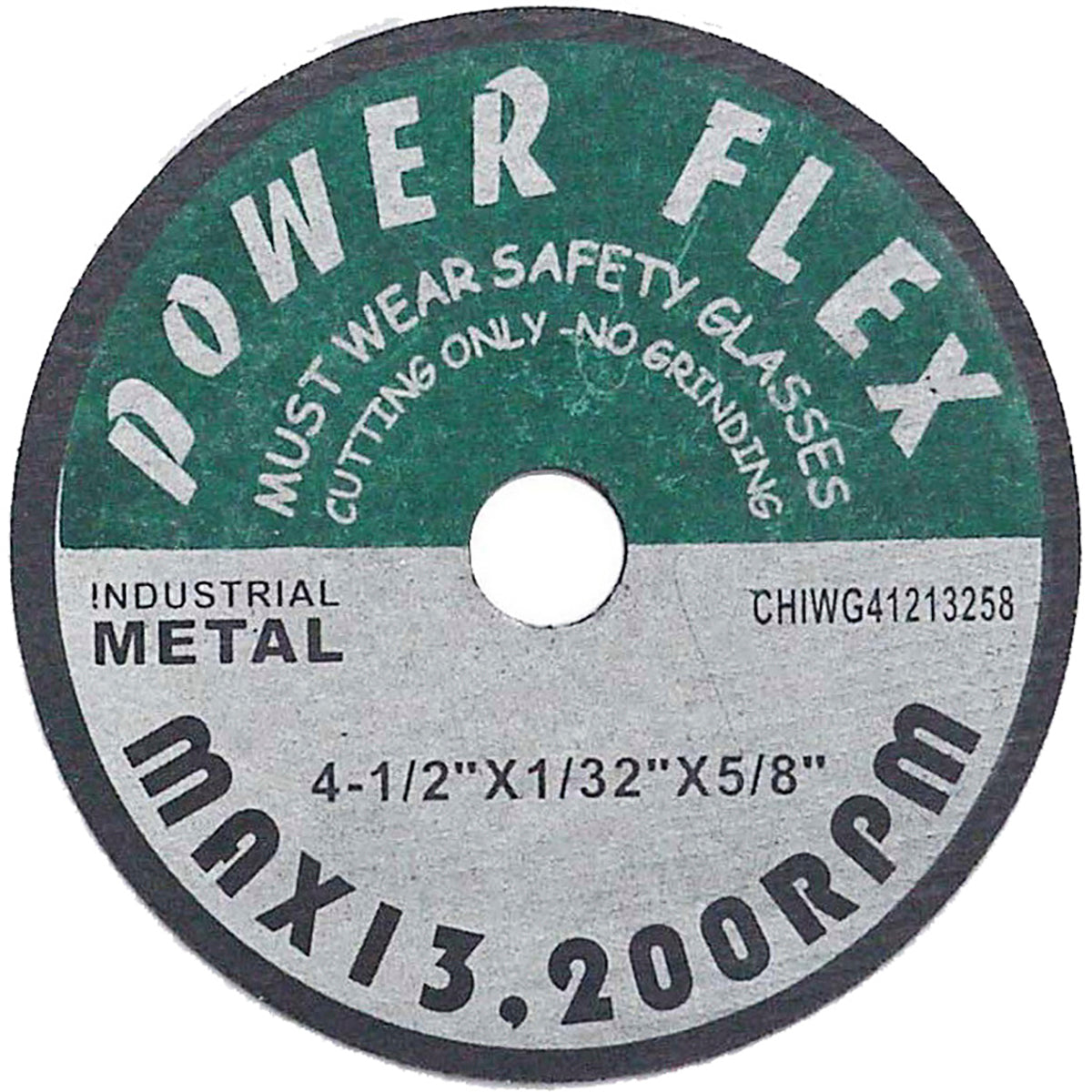 A circular industrial metal cutting disc labeled 'POWER FLEX' with a green upper section and silver lower section, featuring white text and a central hole.
