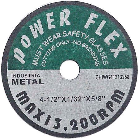 A circular industrial metal cutting disc labeled 'POWER FLEX' with a green upper section and silver lower section, featuring white text and a central hole.