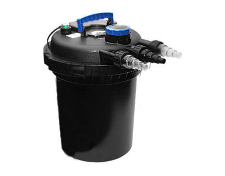 A black cylindrical filter canister with a black lid, featuring a blue carrying handle, a blue top cap, and several clear plastic connector tubes on the side, isolated on a white background.
