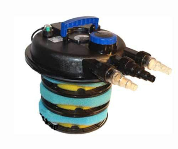 A compact mechanical aquarium filter cartridge with a black plastic body, blue top handle and cap, and stacked blue and yellow filter media rings, shown on a plain white background.
