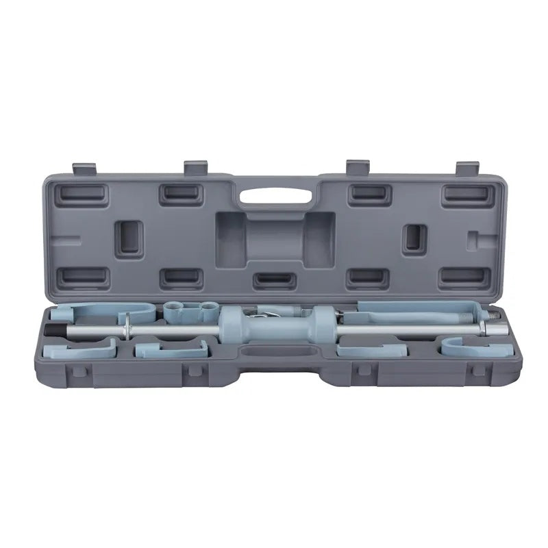 A gray plastic tool case shown open, containing a set of light blue and silver metal tool components arranged in molded compartments, on a plain white background.