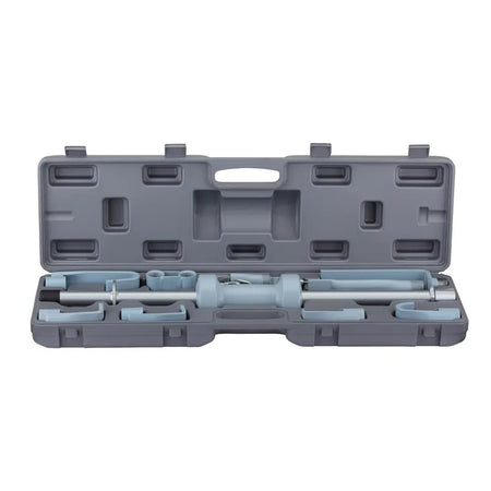 A gray plastic tool case shown open, containing a set of light blue and silver metal tool components arranged in molded compartments, on a plain white background.