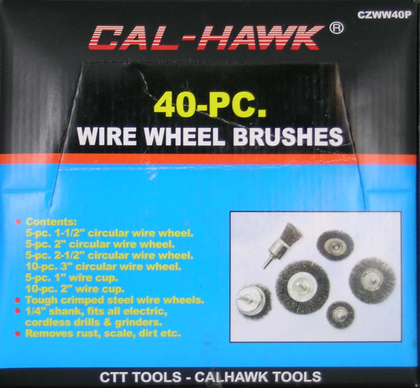Front of retail packaging for Cal-Hawk 40-piece wire wheel brushes, with a black upper section, bright blue lower section, red and yellow branding, and a small inset photo showing the included brush wheels.