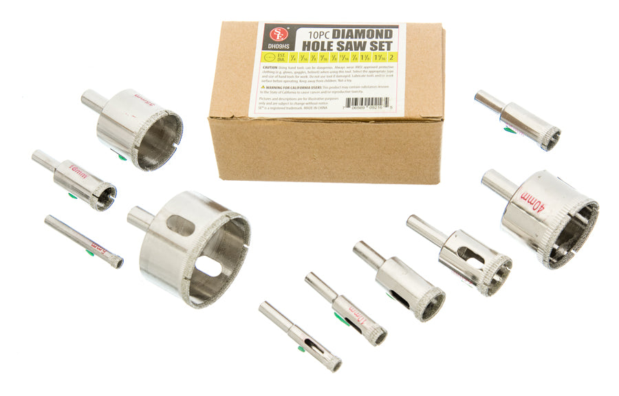A 10-piece diamond hole saw set with various circular and straight saw bits arranged around a brown cardboard box on a white background.